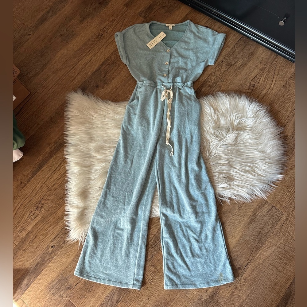 Roolee Button Front Drawstring Waist Blue Jumpsuit — image 2 of 4